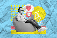 3d Retro Abstract Creative Artwork Template Collage Of Mature Man Sitting Bean Bag Blue Yellow Colors Heart Icon Like Working Netbook