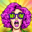 Surprised happy excited young attractive woman with open mouth, pink curly hair and the inscription 'wow' reflected in her sunglasses, vector illustration in vintage pop art comic style