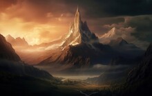 Lonely Mountain Fantasy Landscape, Generative AI