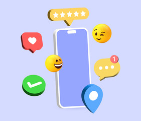 Wall Mural - social media background communication concept. social network icons with smartphone and modern heart, chat message speech bubble icon, 3d funny emoticon emoji. Digital marketing 3d vector illustration