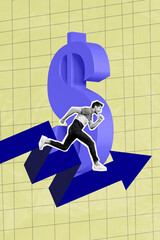 Aufkleber - Vertical collage of excited mini black white colors guy running big money dollar symbol growing arrow isolated on checkered background