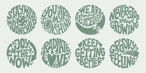 groovy lettering set. retro slogan collection in round shape. trendy groovy print design for poster,