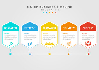 Wall Mural - Business plan 5 step infographic template Multi-colored acute-angled squares top right color font icon below The middle frame placed the letters. arrow with circle Below the gray gradient background