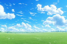 夏の青空と雲と草原-水彩アニメ背景