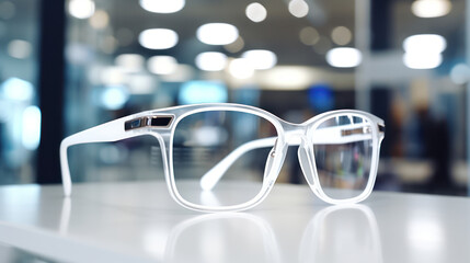 Wall Mural - Eyeglasses in white store.