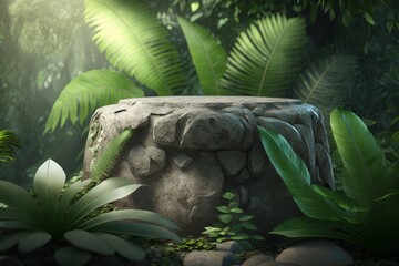 Poster - Stone podium in the jungle. Computer digital drawing.