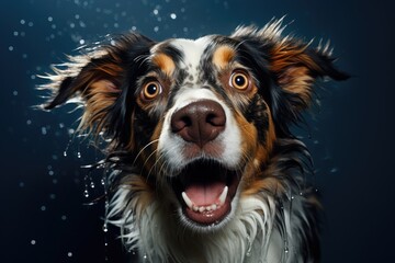 Wall Mural - Portrait of amazement Australian Shepherd dog. Wet dog opened mouth surprised, close-up front view.