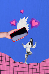 Canvas Print - Vertical collage of youngster girl dancing good atmosphere big smartphone display app plasticine pink heart isolated over blue background