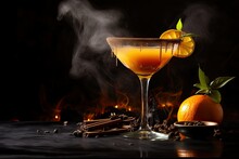 Orange Citrus Cocktail With Spices In A Martini Glass On A Dark Smoky Background. Halloween Autumn Theme Of Alcoholic And Non-alcoholic Drinks.