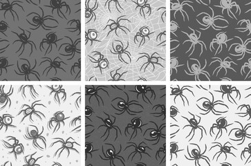 Wall Mural - Halloween set of seamless patterns with spiders for monochrome halloween design. Wallpapers or backgrounds with tarantula or insects for october party banner, poster or postcard