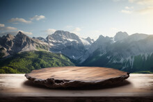 Empty Wooden Table In The Mountains. Lush Image. Landscape, Mountain Scenery