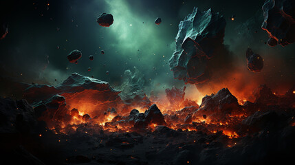 Wall Mural - Cosmic space rocks presented in a dramatic and action-packed scene. Generative Ai