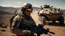 Futuristic Army Concept With A Soldier In Front Of Armored Vehicle