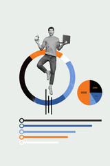 Poster - Image picture collage of successful man working wireless netbook earning money isolated on painted background