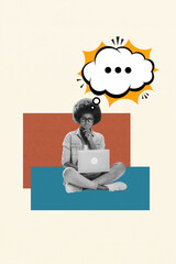 Sticker - Poster picture collage of minded clever girl sitting using wireless netbook thinking isolated on drawing color background