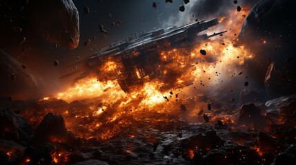 Wall Mural - Spacecraft in intergalactic warfare with a world exploding. Generative Ai