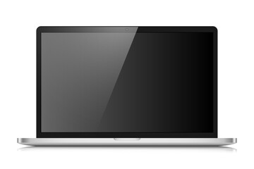 Fototapete - A laptop with an empty black screen with a glare on a white background. Realistic laptop layout with a light silver case. Vector illustration.