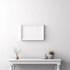 Wall Mural - White empty frame on white wall with white table console 