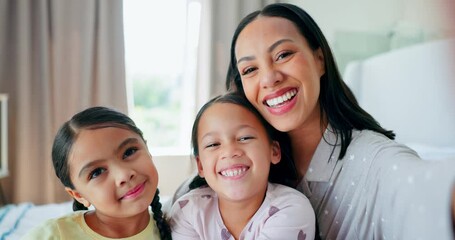 Poster - Selfie, face and mother with children in bedroom, smile and bonding together in home. Portrait, kids and mom with profile picture in bed for happy memory, photography or quality family time in house