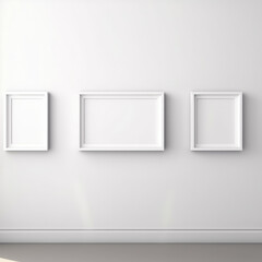 Wall Mural - Three Blank white picture frames on the white wall indoor, for template or mock up