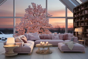 Sticker - Exotic pink Christmas tree indoors in living room with sofa and  with large panoramic window