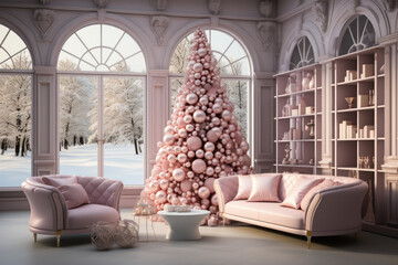 Poster - Decorated rose pink Christmas tree in living room with sofa