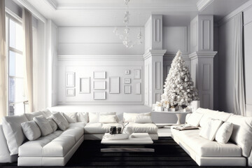 Canvas Print - Decorated white Christmas tree indoor with huge sofa, many photo frames template on wall background 