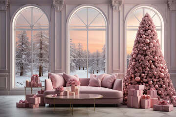 Wall Mural - Christmas tree in living room with pink sofa and  panoramic windows 