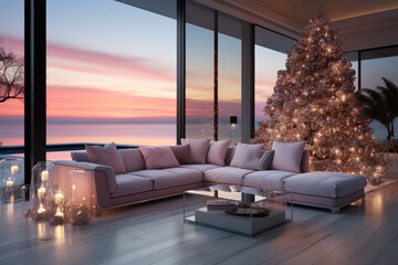 Sticker - Decorated pink Christmas tree indoors with large panoramic windows with tropical sunset colors