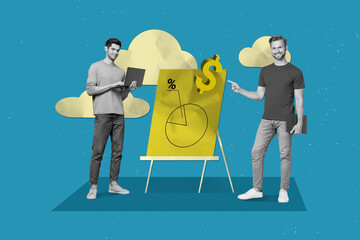 Aufkleber - 3d retro abstract creative artwork template collage of two together male graph presentation reach search working meeting entrepreneur