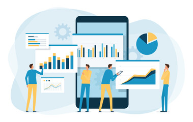 Poster - vector business data analytics research and Data Scientist team meeting concept. with business people working together on a report graph dashboard monitor. and finance investment planning concept
