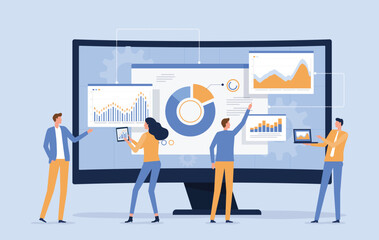 Poster - vector business data analytics research and Data Scientist team meeting concept. with business people working together on a report graph dashboard monitor. and finance investment planning concept
