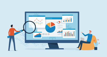 Fototapete - vector business data analytics research and Data Scientist team meeting concept. with business people working together on a report graph dashboard monitor. and finance investment planning concept
