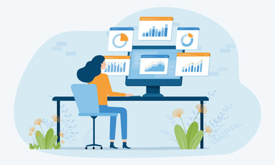 Aufkleber - vector business data analytics research and Data Scientist team meeting concept. with business people working together on a report graph dashboard monitor. and finance investment planning concept
