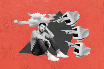Poster - Collage poster banner of sad disappointed guy sitting suffering haters negative feedback people judgment isolated on retro paper background