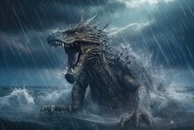 Intense Kaiju Like Lizard Monster In A Violent Ocean Storm With Thunder And Lightning. The Creature Is Angry And A Ship Is Sinking In The Waves Of The Sea Water