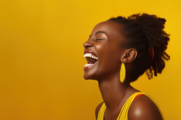 beautiful woman with afro hair smiling on bright background, smiling portrait