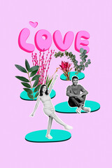 Sticker - Creative picture vertical collage of two young students girlfriend dancing while guy waiting her love story isolated over pink background