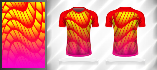 Vector sport pattern design template for V-neck T-shirt front and back with short sleeve view mockup. Red-pink-yellow color gradient abstract geometric curve texture background illustration.