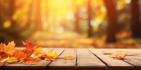 Wall Mural - Beautiful colorful natural autumn background for presentation. Fallen dry orange leaves on wooden boards against the backdrop of a blurry autumn park