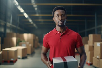 African man in red shirt in delivery service warehouse, looking at camera, Generative ai.