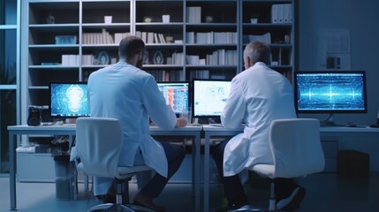 Wall Mural - Two Doctors Talk and Use Computer, Diagnose and Tests Information, Finding Cure and Solution. Health Care Clinic Research with Team of Diverse Contemporary Professionals Working
