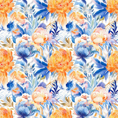 Wall Mural - seamless pattern: blue and orange flowers painted in watercolor on white background. Generative AI