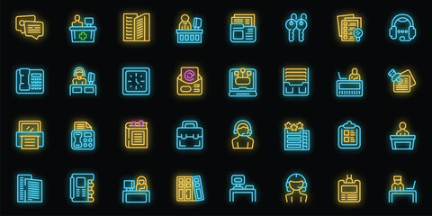 Poster - receptionist icons set outline vector. female work. adult office neon color on black