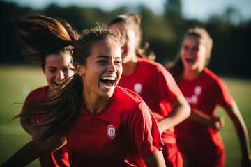 celebration of a goal in women's soccer, women with great joy celebrating success