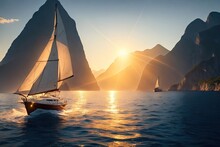 Sailboat In The Sea In The Evening Sunlight. Ai Generative
