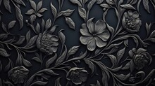 Black Background Tone With Embossed Floral Pattern On Metal Surface.
