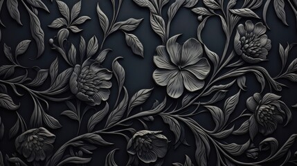 Black background tone with embossed floral pattern on metal surface.