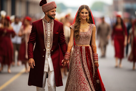 Indian groom dressed in white Sherwani and red hat with stunning bride in red lehenga stand and hold each hands walking outside