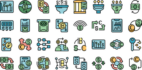 Poster - Currency conversion icons set outline vector. Exchange payment. Transfer coin thin line color flat on white